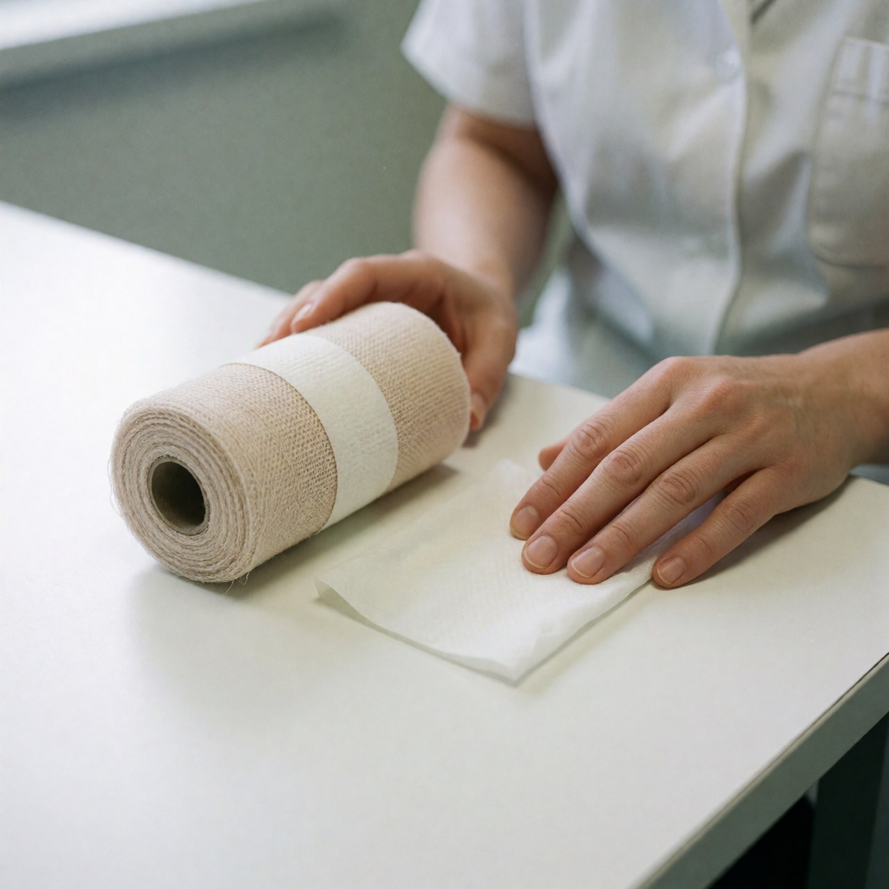 Antiseptic cloth and bandage on a white surface with healthcare professional hands visible, clinical lighting, pharmaceutical product for wound care