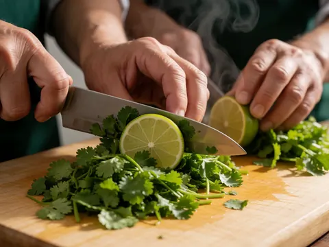 Close-up of adult hands slicing fresh cilantro and lime on a wooden board with rising steam during realistic Mexican food preparation
