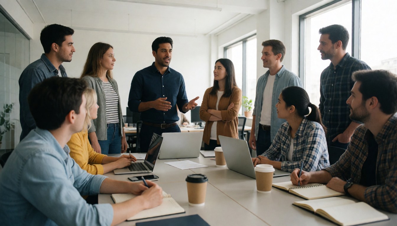 Group of professionals in an office meeting, some with laptops and drinking coffee.