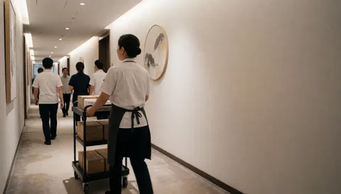 Hotel staff pushing a cart with boxes down a well-lit hallway.
