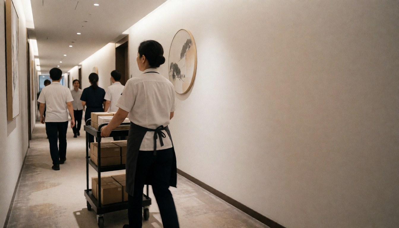 Hotel staff pushing a cart with boxes down a well-lit hallway.