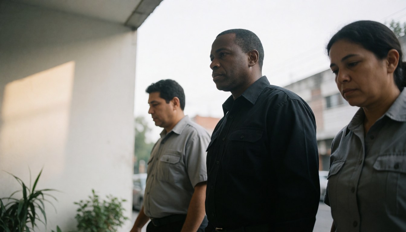 Three people walking in a line, wearing work shirts, outdoors near walls and plants.