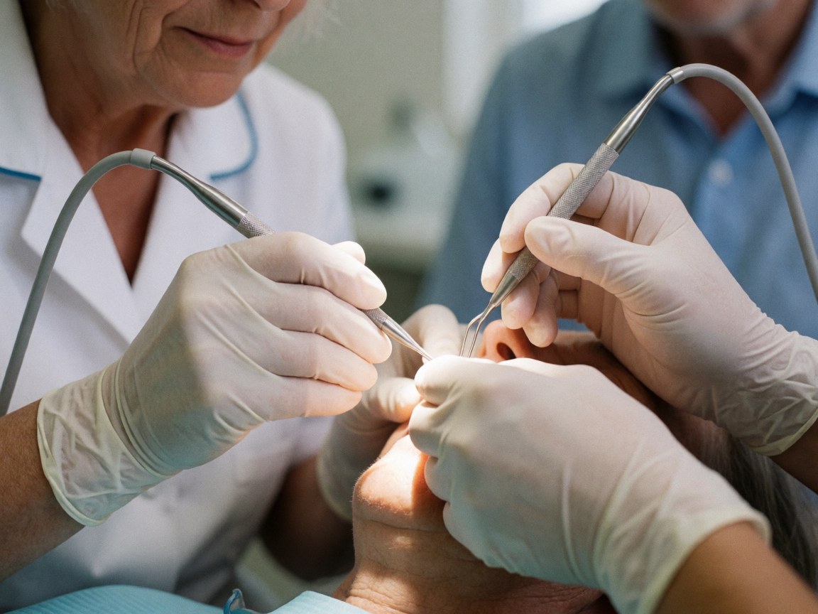 Two professionals in gloves work on a mouth with dental tools in a clinic.