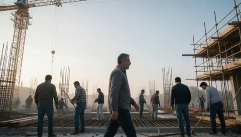 Several workers on a construction site, using shovels and scaffolding under a clear sky.