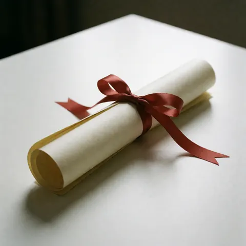 A rolled diploma tied with a red ribbon, resting on a clean white table under soft lighting.