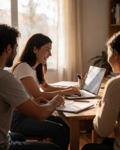 Three people working together at home with a laptop, smiling and talking at a wooden table.