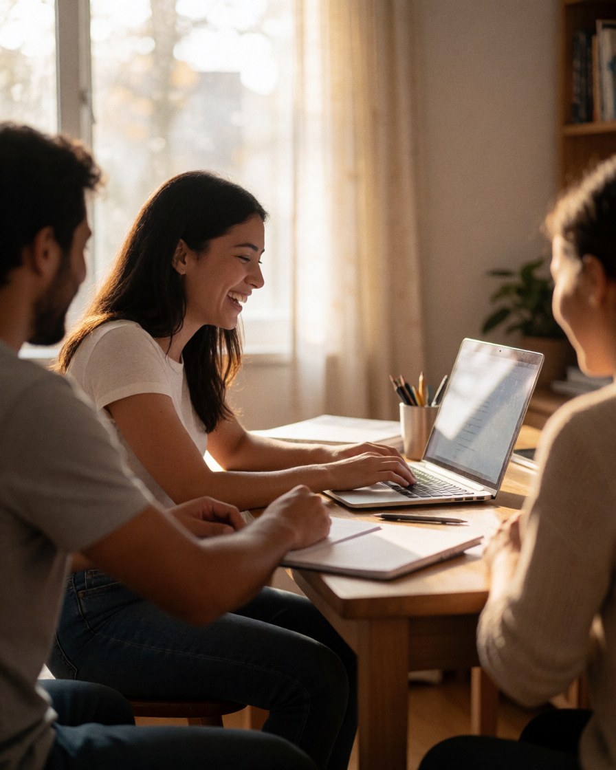 Three people working together on a laptop at a wooden table with natural light and a plant in the background