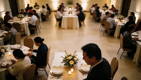 Spacious banquet room featuring elegantly set tables with candles and seated guests, creating a warm atmosphere for weddings and events