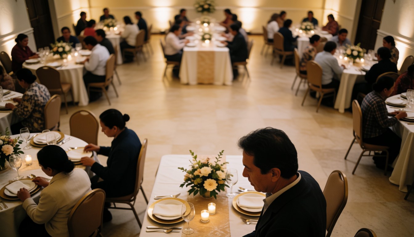 Spacious banquet room featuring elegantly set tables with candles and seated guests, creating a warm atmosphere for weddings and events