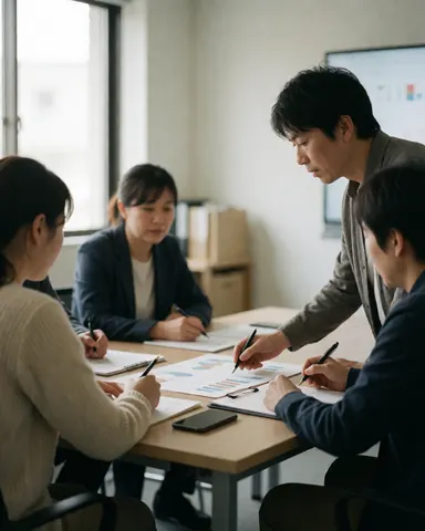 Four colleagues in a modern office meeting review charts on a table while one points to data and others take notes