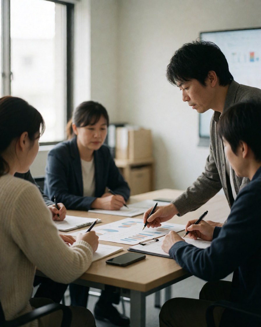 Four colleagues in a modern office meeting review charts on a table while one points to data and others take notes