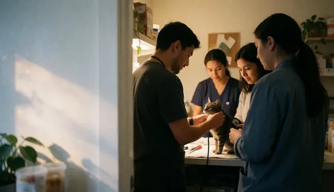 A veterinarian and assistants examine a cat with a stethoscope in a warm, welcoming veterinary clinic.