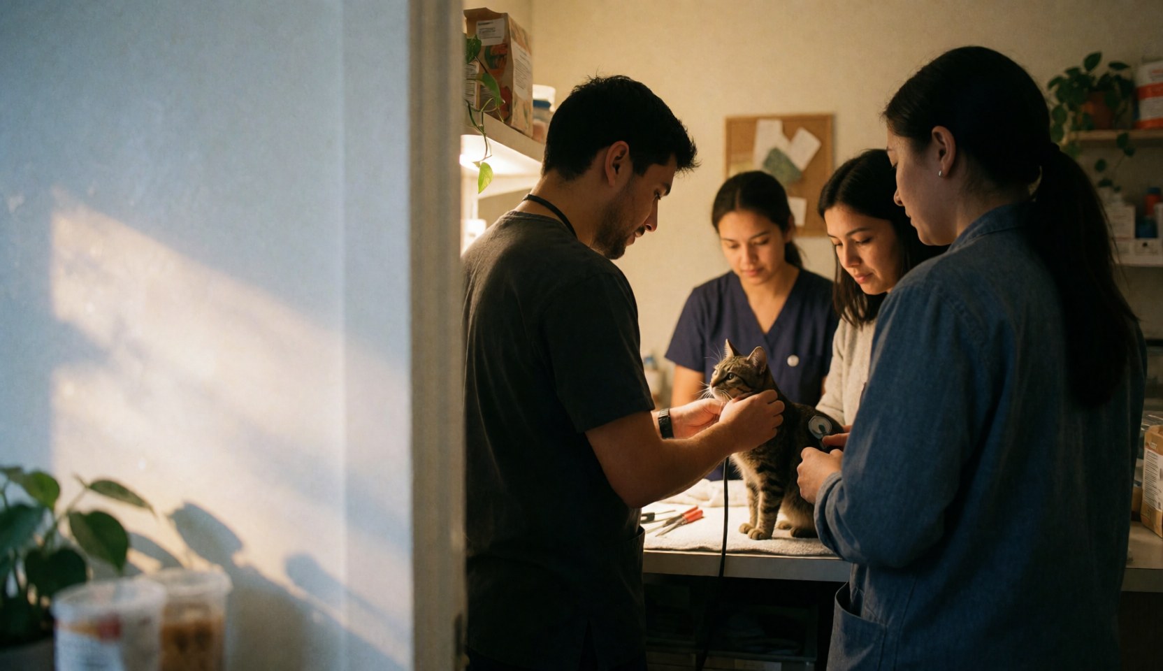 A veterinarian and assistants examine a cat with a stethoscope in a warm, welcoming veterinary clinic.