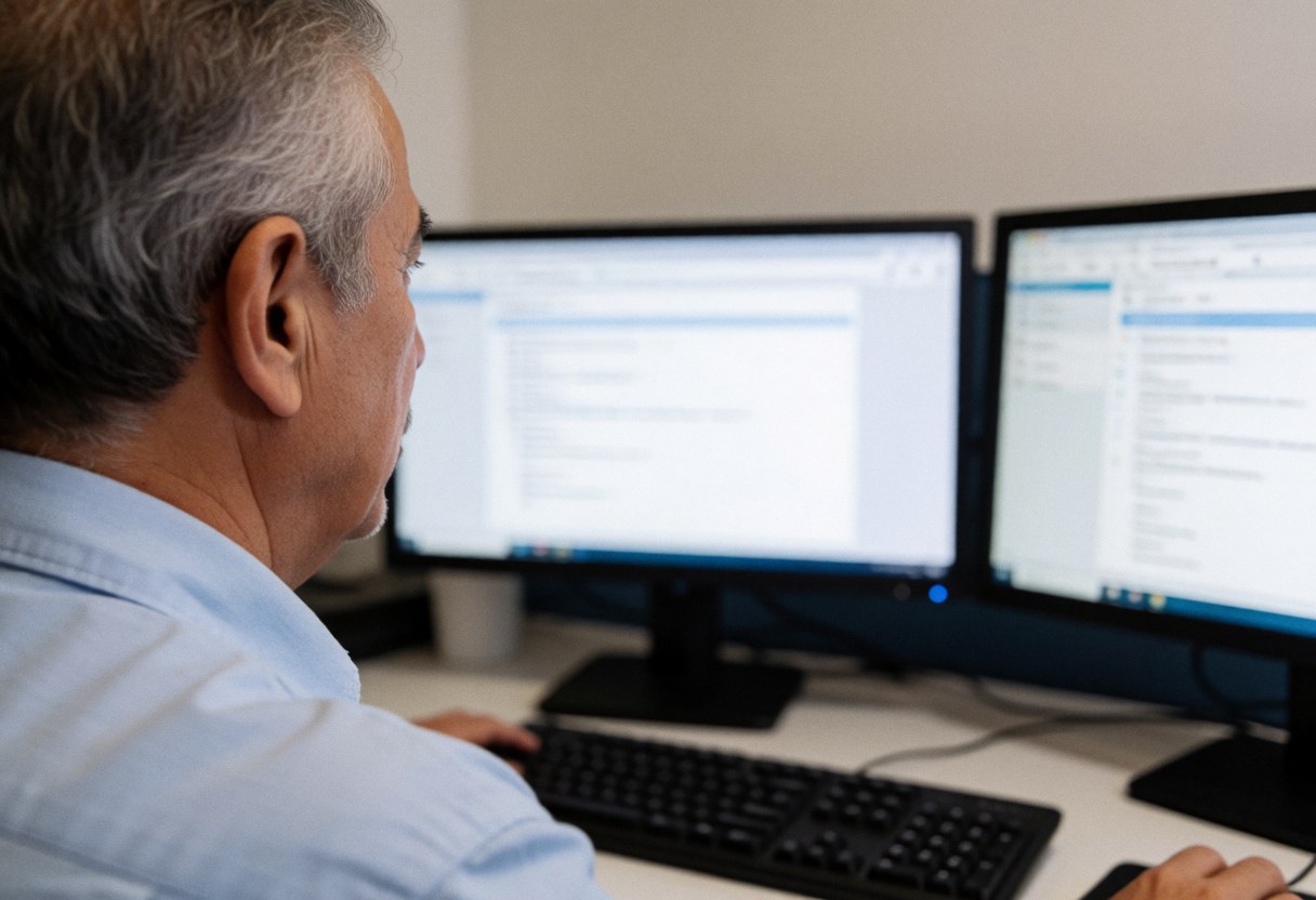 An older man with gray hair works on a computer with two monitors in a modern, well-lit coworking space.