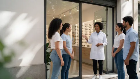 A Black optometrist in a white coat explains options to clients outside a modern optical shop with glass display cases and natural light.