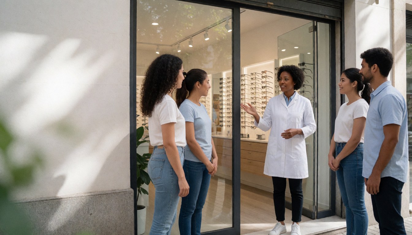 A optometrist in a white coat explains options to clients outside a modern optical shop with glass display cases and natural light.