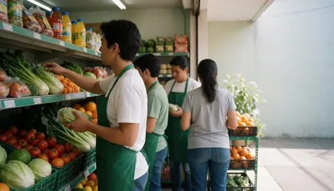 Staff members restocking fruits and vegetables on shelves in a minimarket with natural lighting and copy space on the right