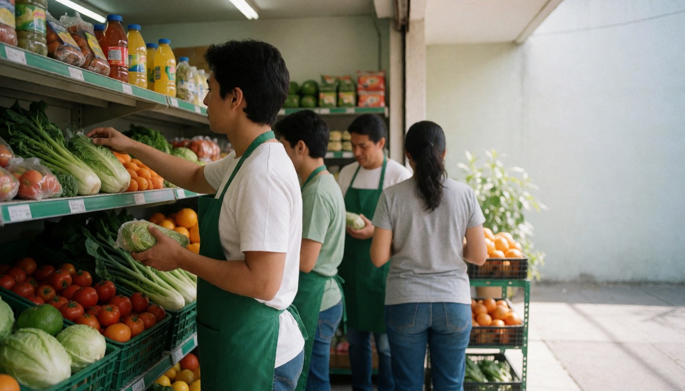 Staff members restocking fruits and vegetables on shelves in a minimarket with natural lighting and copy space on the right