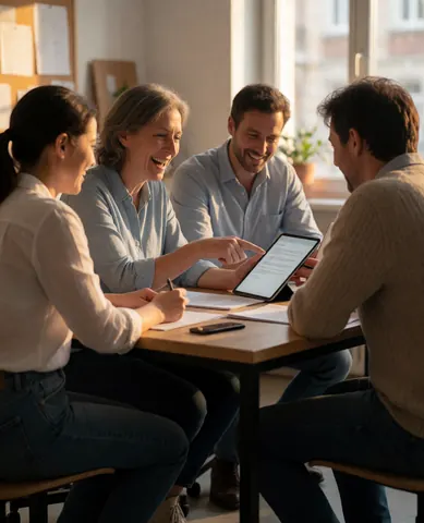 Four adults collaborating at a wooden desk, reviewing documents and a tablet with smiles in a warm professional office setting
