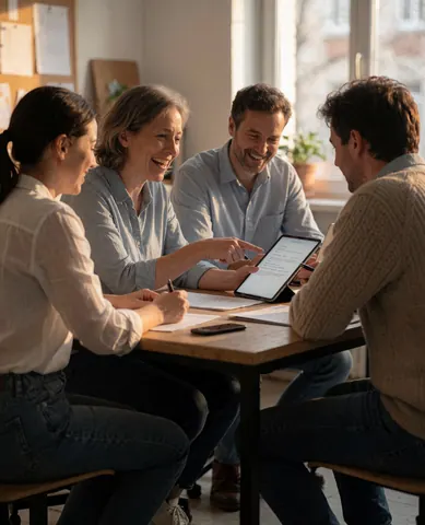 Four people working together around a table with a tablet, smiling and taking notes in a well-lit office environment.