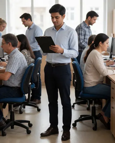 Young employee reviewing clipboard inventory list in office with colleagues working at desks in background