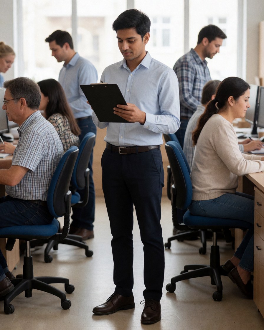 Young employee reviewing clipboard inventory list in office with colleagues working at desks in background