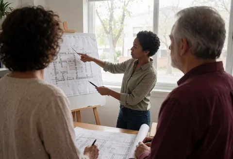 An architect points to construction blueprints on an easel while two clients watch attentively in a well-lit office.