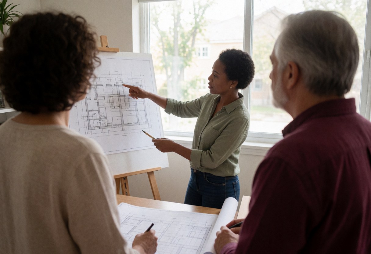 A woman explains a house blueprint to two clients in an office with natural light and drawing tools