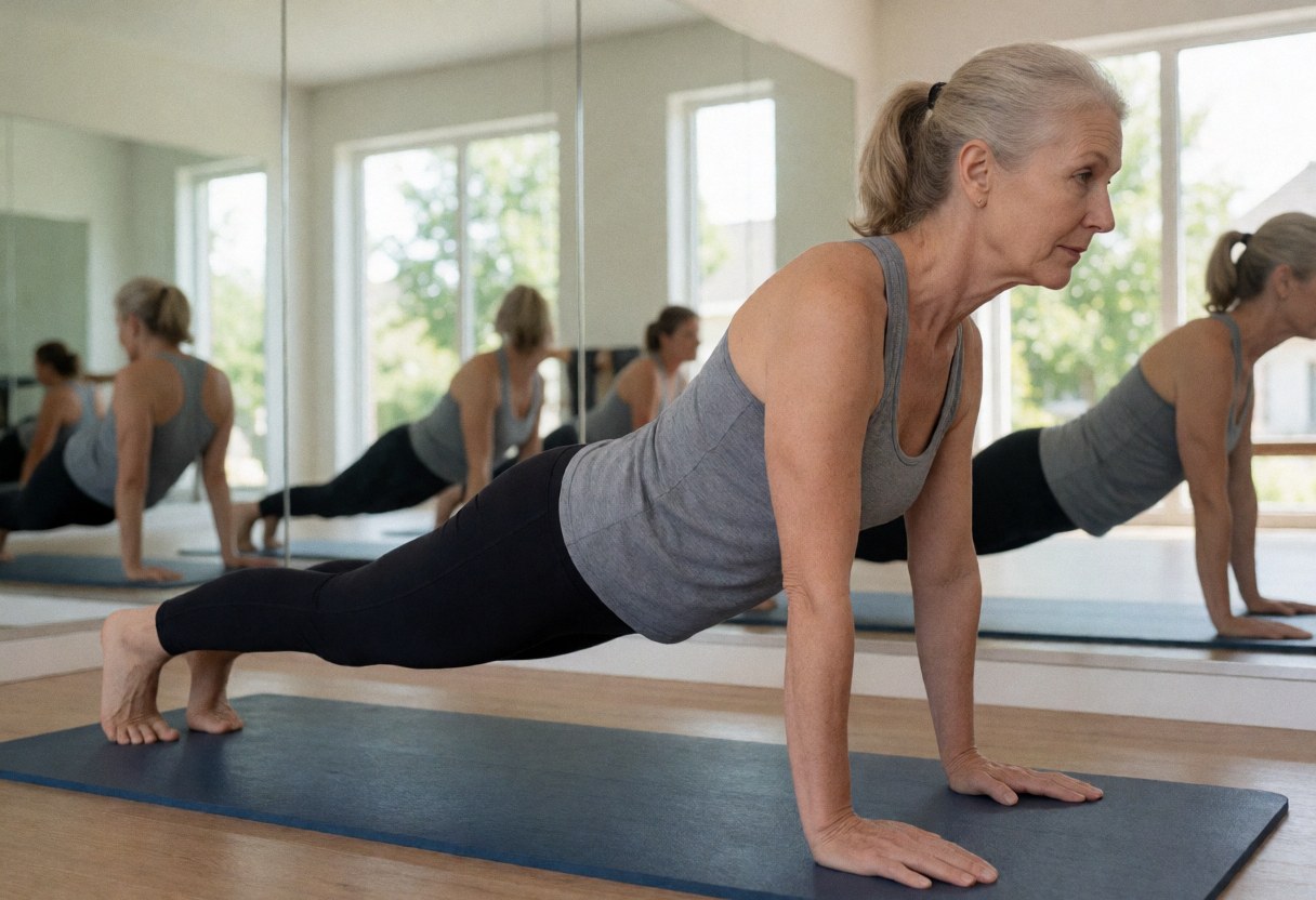 Senior woman with gray hair holding a plank pose on a blue mat in a pilates studio with mirrors and natural light