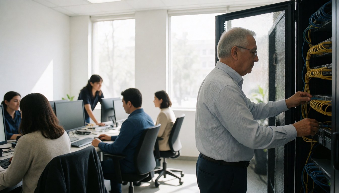 Senior technician servicing a server rack while colleagues work at desks in a bright open office space