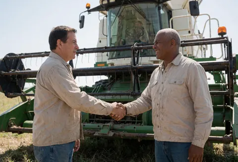 Two men in work clothes shake hands in front of a green combine harvester on a farm field.