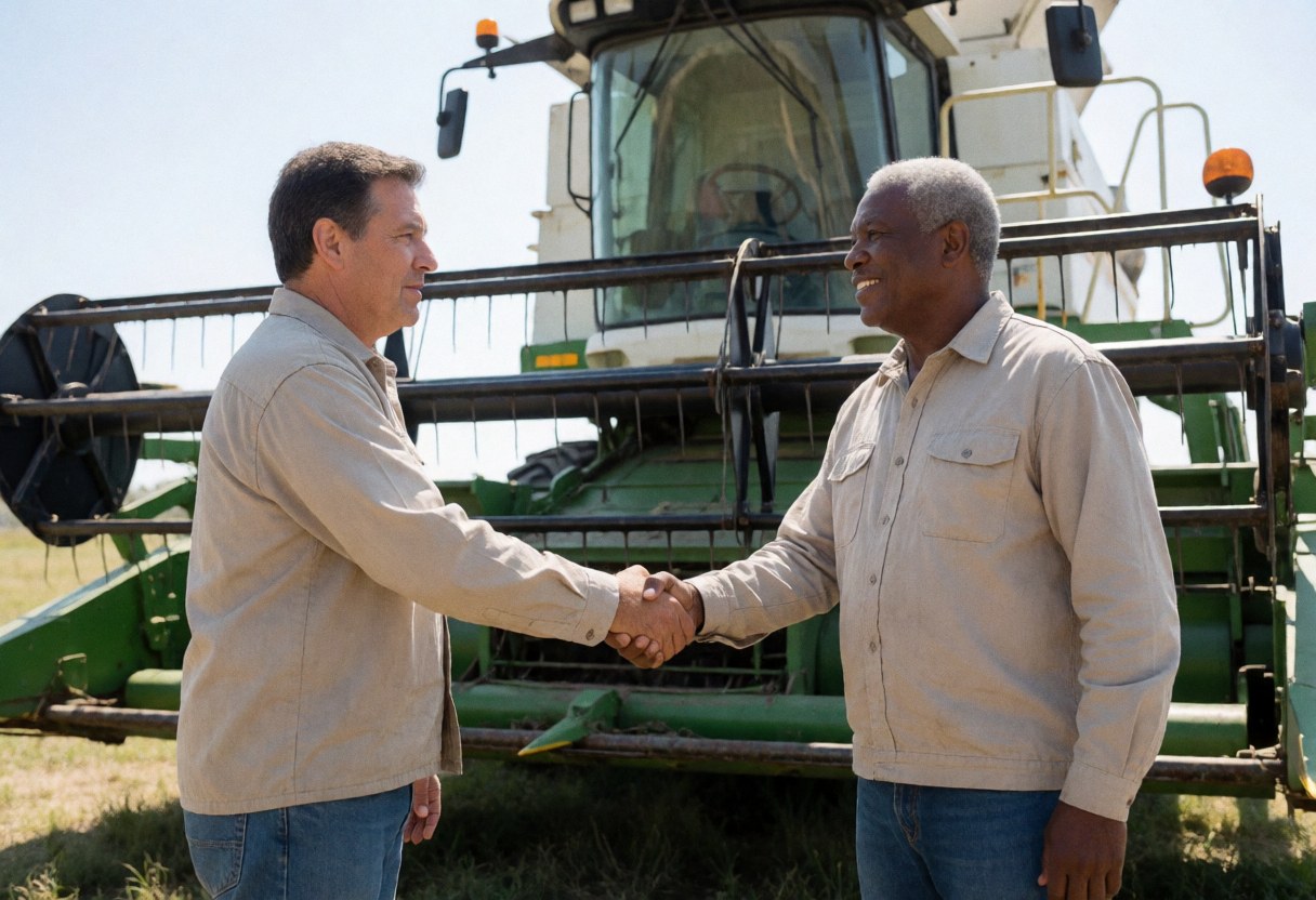 Two farmers, one black and one white, shake hands in front of a green combine harvester in a field, both wearing work clothes and smiling.