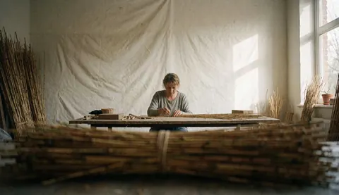 An artisan works with bamboo reeds in her craft workshop, with natural light coming through the window.
