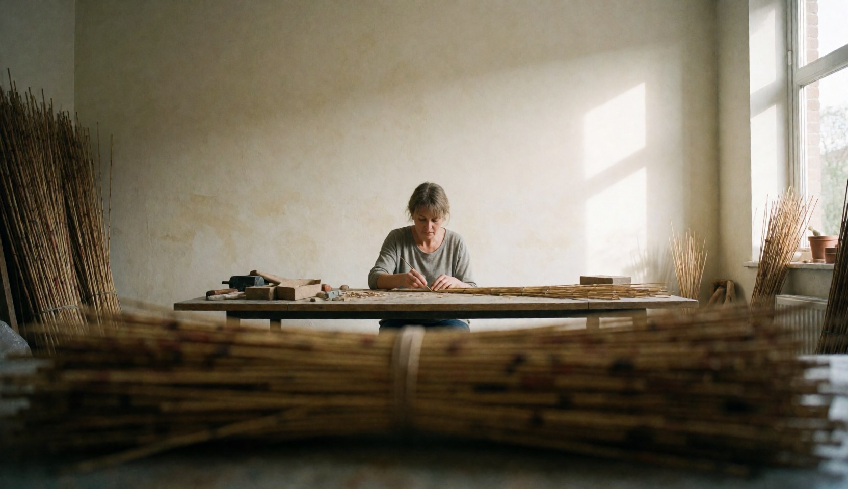 An adult woman working with reeds in a craft workshop with natural light and space for text on the wall