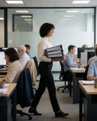 A woman walks through an office carrying folders with documents, other employees work at their desks.