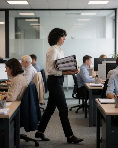 An accountant walks through an office carrying folders with documents while others work at their desks.