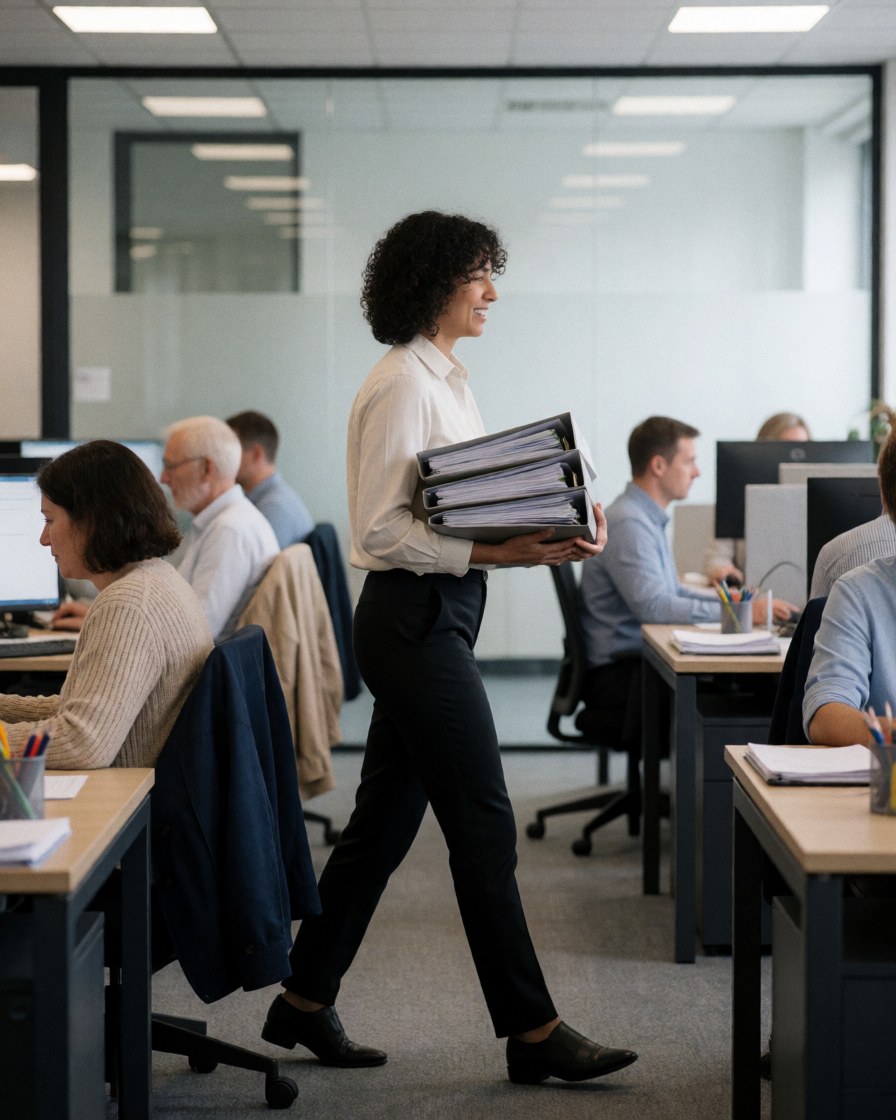 A woman walks through an office carrying folders with documents, other employees work at their desks.