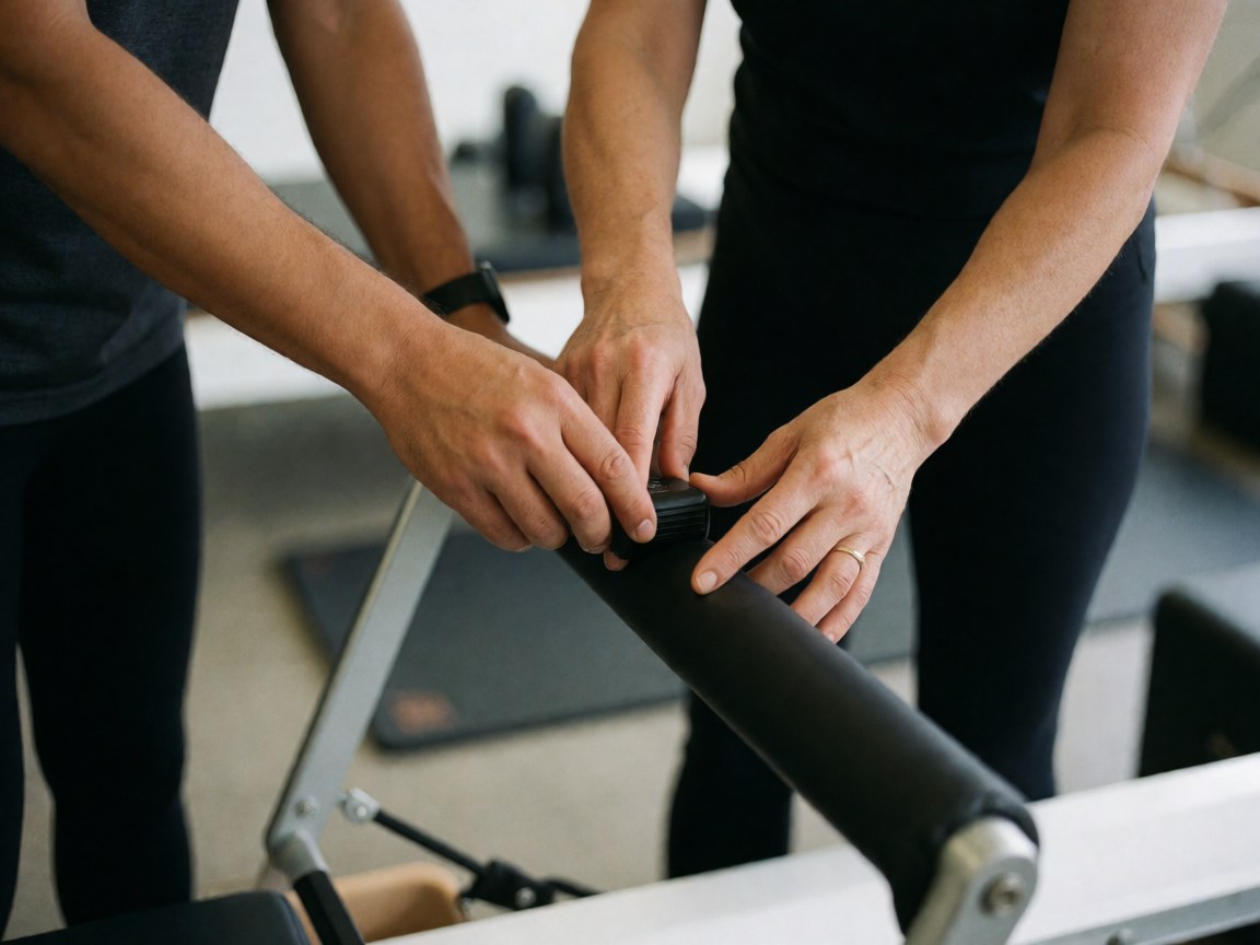 Two people adjusting the tension on a reformer in a yoga and pilates studio.