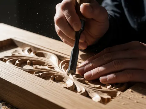 Hands carving wood with a chisel, creating an intricate design on a piece of light-colored wood.