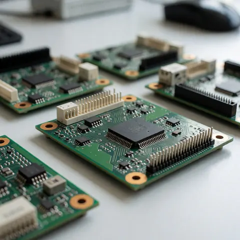 Green printed circuit boards with electronic components on a clean white table with professional lighting