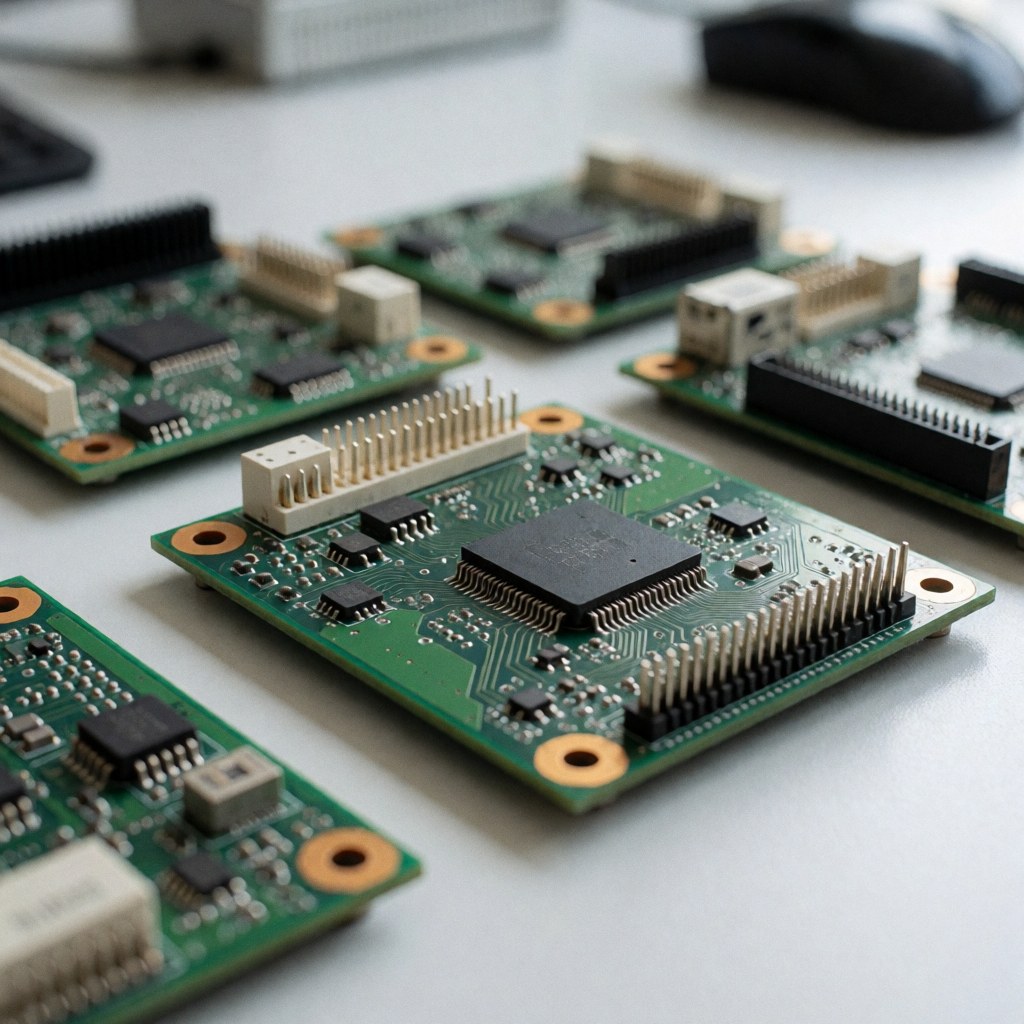 Green printed circuit boards with electronic components on a clean white table with professional lighting