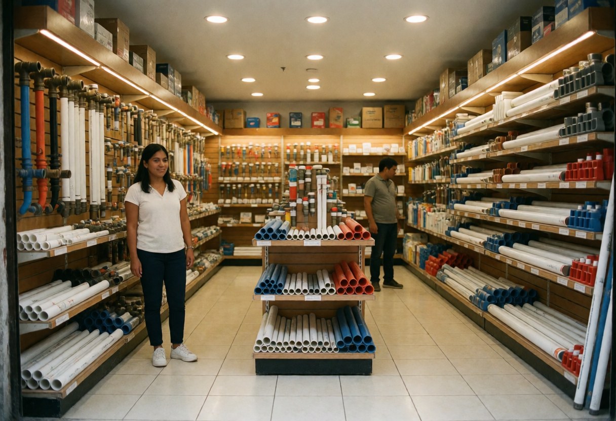 A man and woman walk through a clean plumbing supply store aisle filled with shelves of pipes, faucets, and tools under warm lighting.