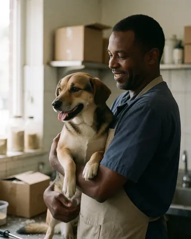 Smiling man holding his freshly groomed dog in a warm, naturally lit canine grooming salon