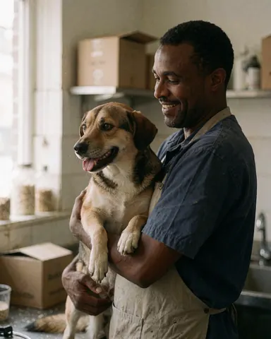 A smiling man holding a happy dog in a dog grooming salon.