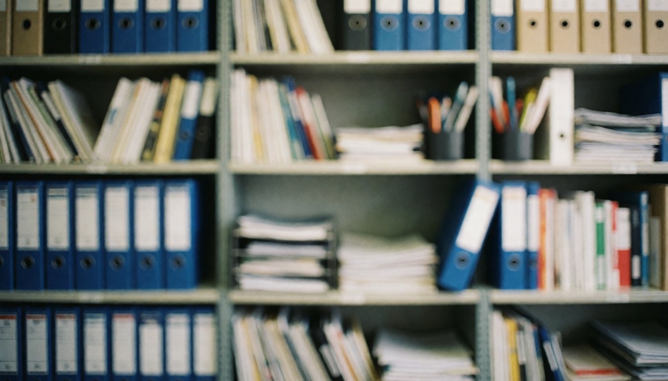 Office shelf with folders and papers organized on metal shelves.