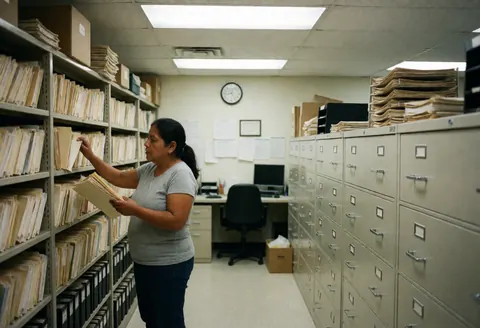 A woman reviews folders on office file shelves, surrounded by metal filing cabinets and papers.