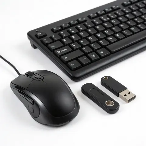 Keyboard, mouse, and two USB drives on white background for IT support