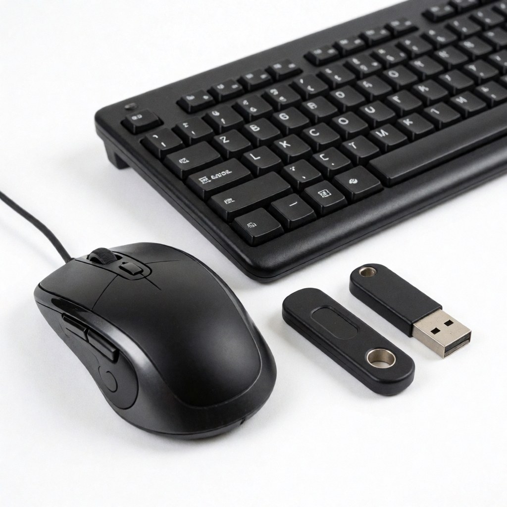 Keyboard, mouse, and two USB drives on white background for IT support