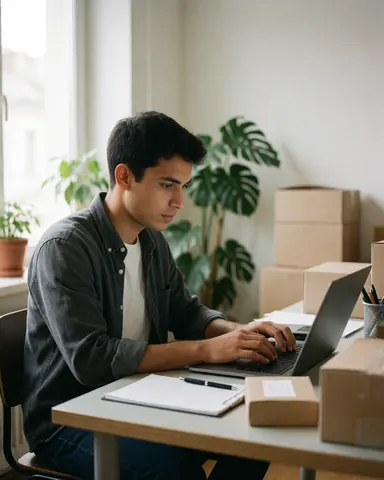 Young professional man working on a laptop in an office with plants and shipping boxes near a window with natural light