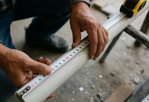 A worker's hand measures a PVC pipe using a tape measure in a workshop setting with tools and a construction floor visible